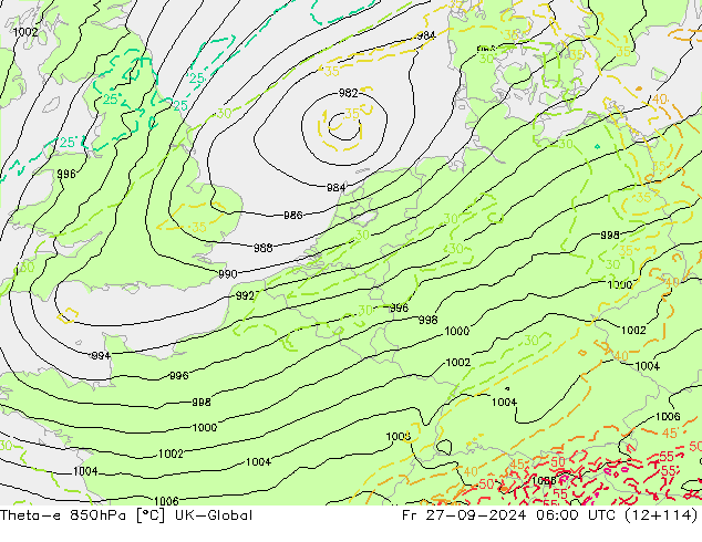 Theta-e 850hPa UK-Global  27.09.2024 06 UTC