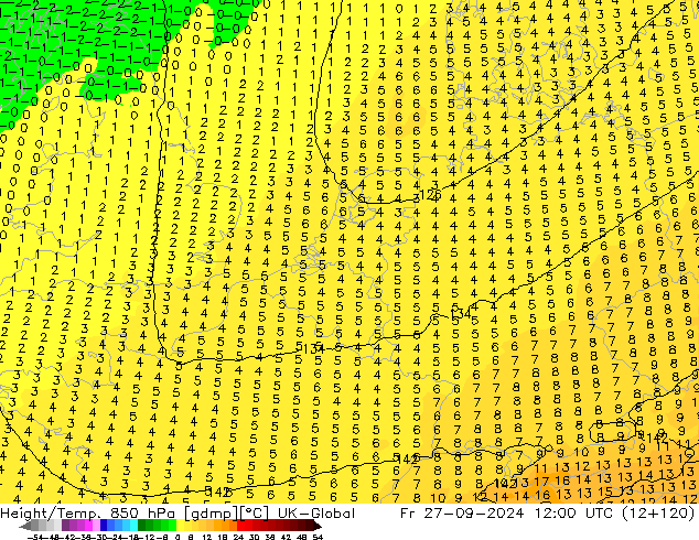 Height/Temp. 850 hPa UK-Global Pá 27.09.2024 12 UTC