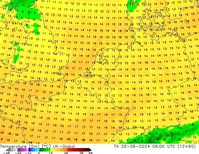 Temperature (2m) UK-Global Th 26.09.2024 06 UTC