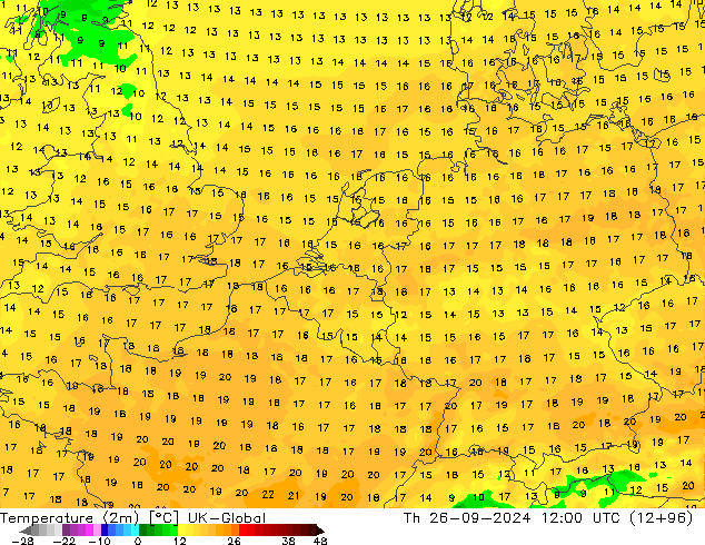 Temperature (2m) UK-Global Th 26.09.2024 12 UTC