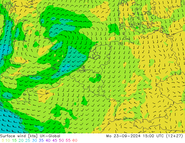 Surface wind UK-Global Mo 23.09.2024 15 UTC