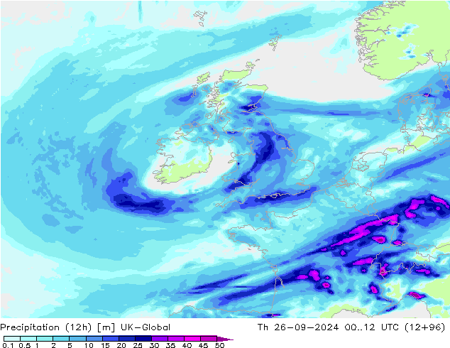 Totale neerslag (12h) UK-Global do 26.09.2024 12 UTC