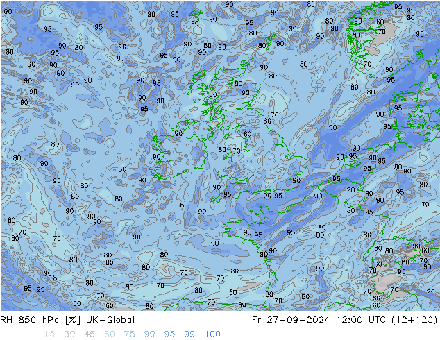 Humedad rel. 850hPa UK-Global vie 27.09.2024 12 UTC