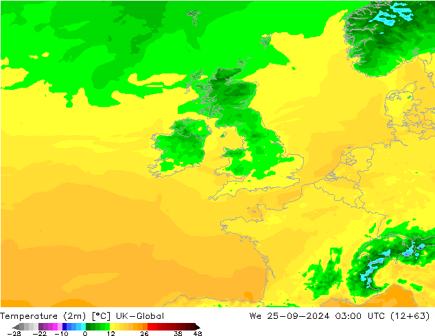 Temperatura (2m) UK-Global Qua 25.09.2024 03 UTC