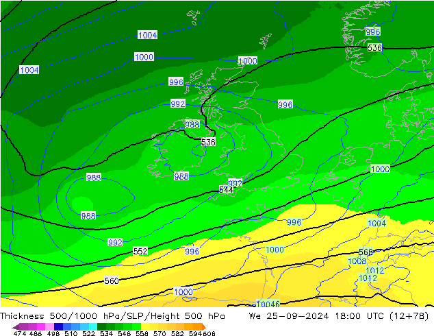 Thck 500-1000hPa UK-Global St 25.09.2024 18 UTC