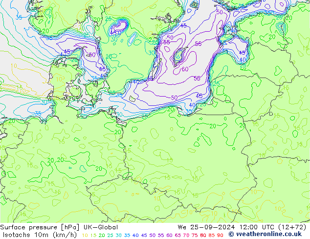 Isotachs (kph) UK-Global We 25.09.2024 12 UTC