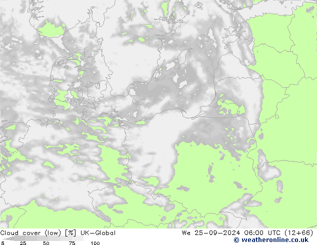 Cloud cover (low) UK-Global We 25.09.2024 06 UTC