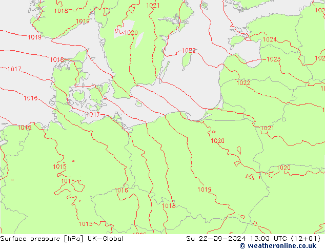 Presión superficial UK-Global dom 22.09.2024 13 UTC