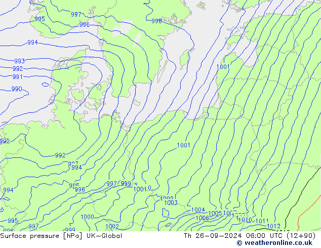 Pressione al suolo UK-Global gio 26.09.2024 06 UTC