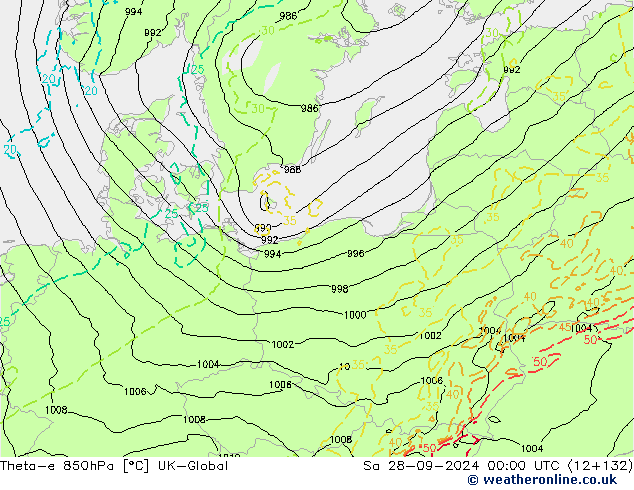 Theta-e 850hPa UK-Global  28.09.2024 00 UTC