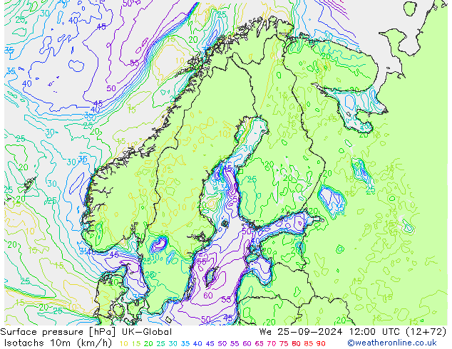 Isotachs (kph) UK-Global ср 25.09.2024 12 UTC