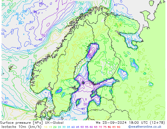 Izotacha (km/godz) UK-Global śro. 25.09.2024 18 UTC