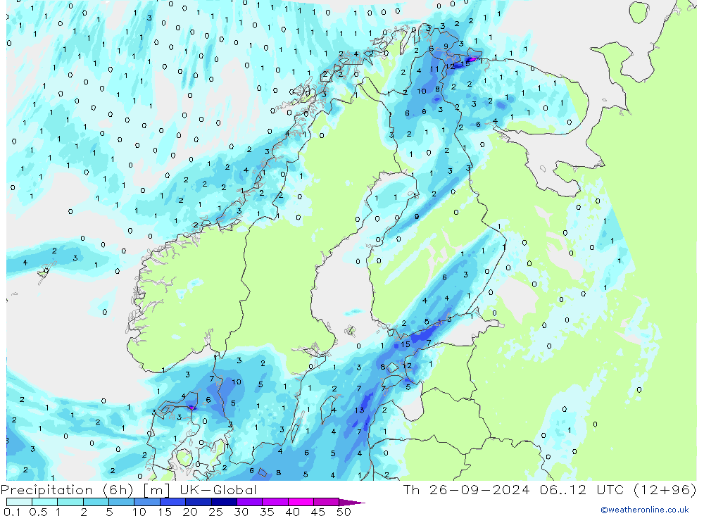 Totale neerslag (6h) UK-Global do 26.09.2024 12 UTC