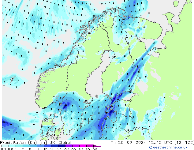 Precipitazione (6h) UK-Global gio 26.09.2024 18 UTC