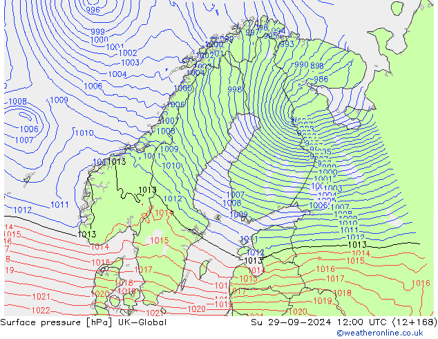 Pressione al suolo UK-Global dom 29.09.2024 12 UTC