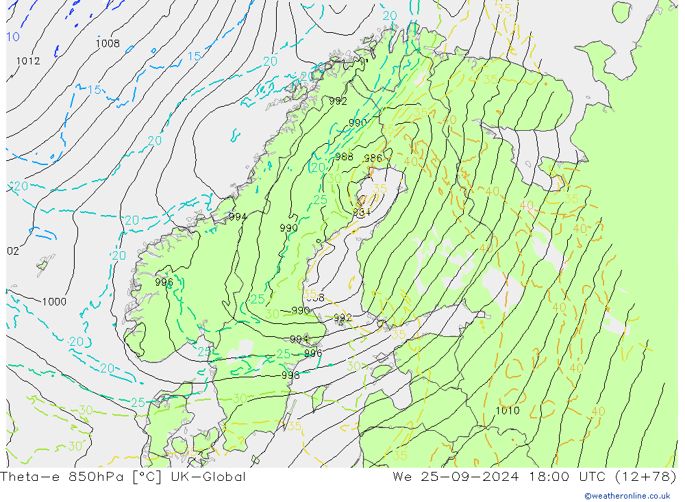 Theta-e 850hPa UK-Global We 25.09.2024 18 UTC