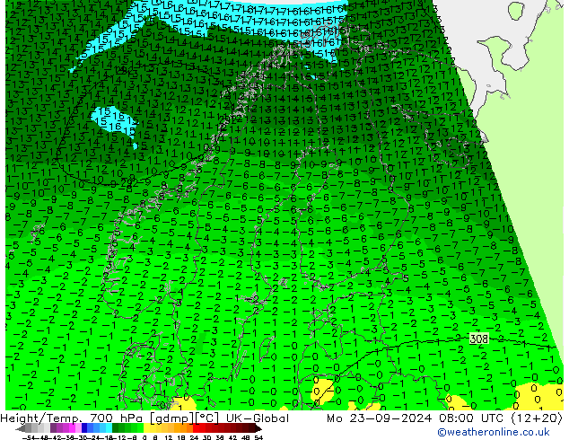 Height/Temp. 700 hPa UK-Global Seg 23.09.2024 08 UTC