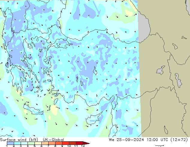 Vent 10 m (bft) UK-Global mer 25.09.2024 12 UTC