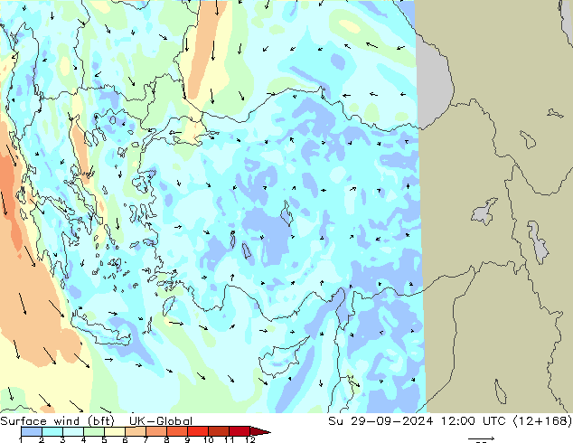 Surface wind (bft) UK-Global Ne 29.09.2024 12 UTC