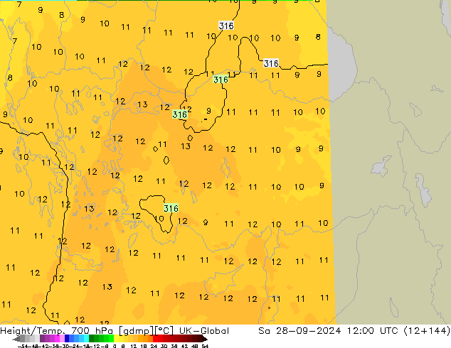 Height/Temp. 700 hPa UK-Global Sa 28.09.2024 12 UTC