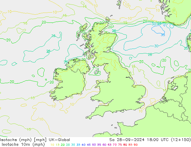 Isotachs (mph) UK-Global сб 28.09.2024 18 UTC