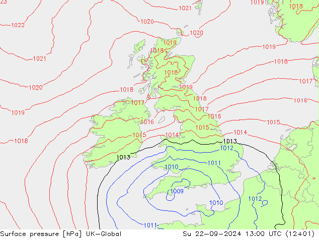 Luchtdruk (Grond) UK-Global zo 22.09.2024 13 UTC