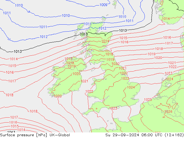 Surface pressure UK-Global Su 29.09.2024 06 UTC