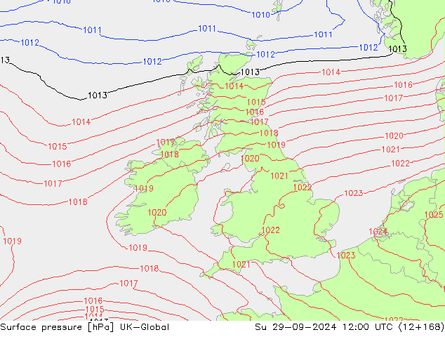 Surface pressure UK-Global Su 29.09.2024 12 UTC