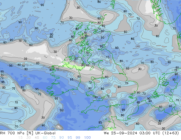 RH 700 hPa UK-Global We 25.09.2024 03 UTC