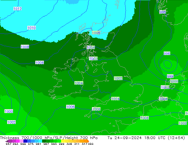 Thck 700-1000 hPa UK-Global Tu 24.09.2024 18 UTC