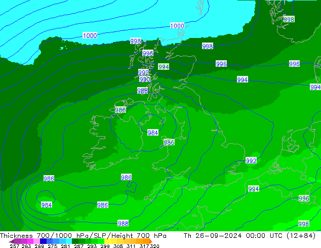 Thck 700-1000 hPa UK-Global czw. 26.09.2024 00 UTC