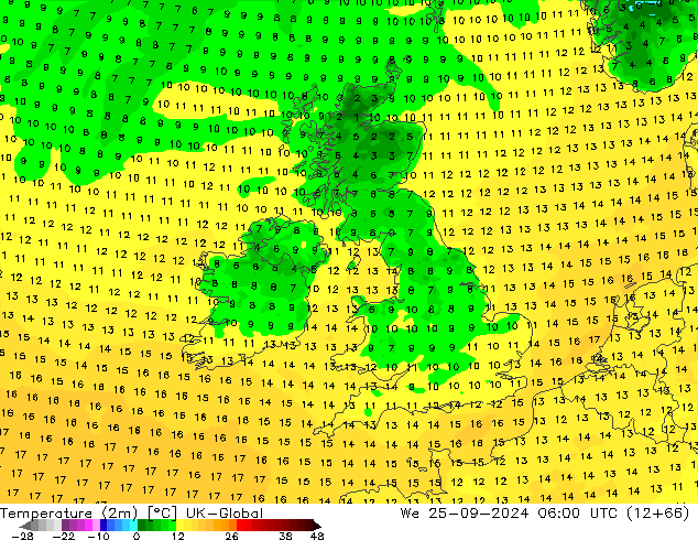 température (2m) UK-Global mer 25.09.2024 06 UTC