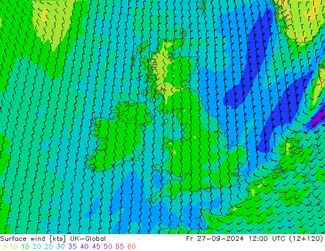 Vento 10 m UK-Global ven 27.09.2024 12 UTC