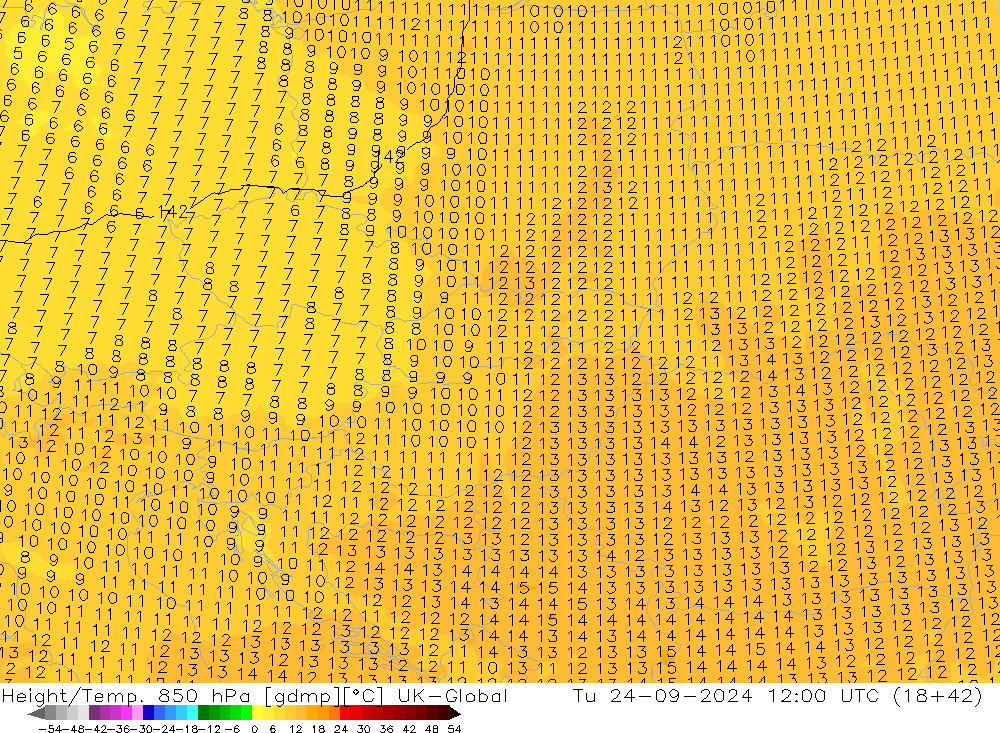 Height/Temp. 850 hPa UK-Global Tu 24.09.2024 12 UTC