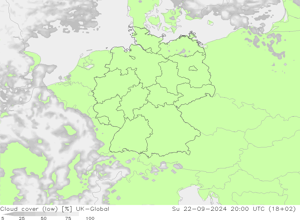 Cloud cover (low) UK-Global Su 22.09.2024 20 UTC