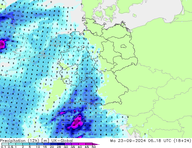 осадки (12h) UK-Global пн 23.09.2024 18 UTC