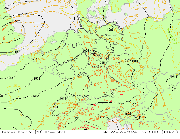 Theta-e 850hPa UK-Global Mo 23.09.2024 15 UTC