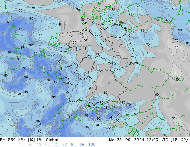 RH 850 гПа UK-Global пн 23.09.2024 03 UTC