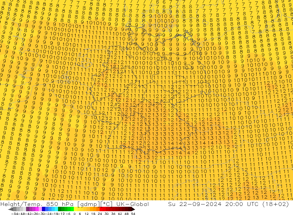 Height/Temp. 850 hPa UK-Global  22.09.2024 20 UTC