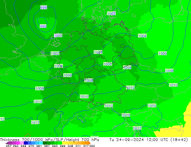 Thck 700-1000 hPa UK-Global Tu 24.09.2024 12 UTC