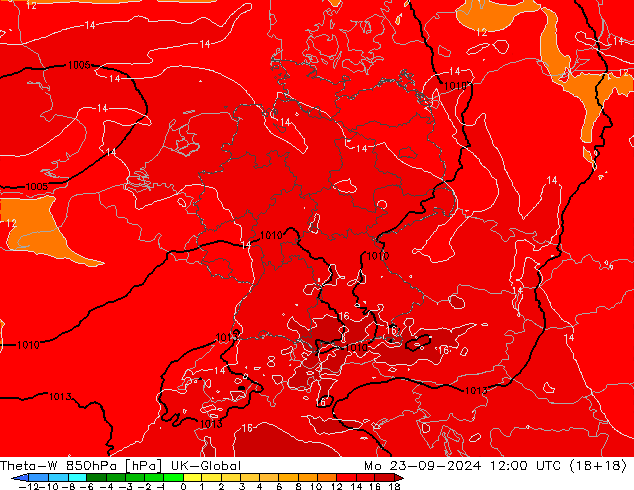 Theta-W 850hPa UK-Global 星期一 23.09.2024 12 UTC