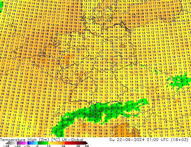 Temperature High (2m) UK-Global Su 22.09.2024 21 UTC