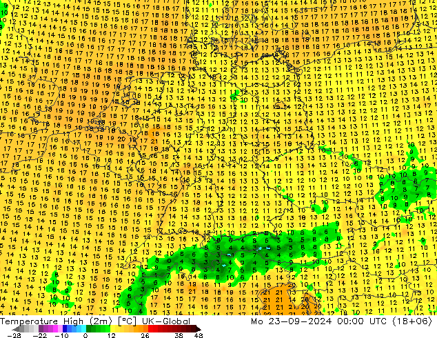 Temperature High (2m) UK-Global Mo 23.09.2024 00 UTC