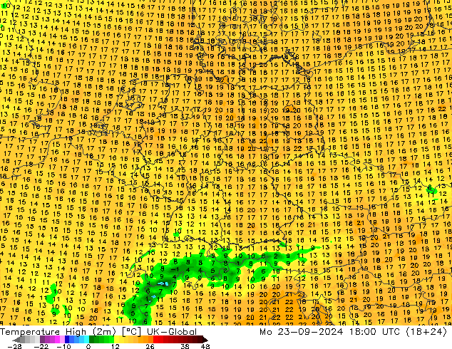 Temperature High (2m) UK-Global Mo 23.09.2024 18 UTC