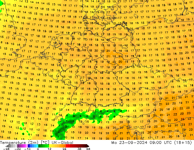 Temperatuurkaart (2m) UK-Global ma 23.09.2024 09 UTC