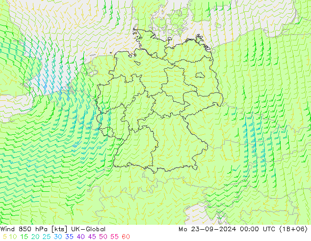 Wind 850 hPa UK-Global Mo 23.09.2024 00 UTC