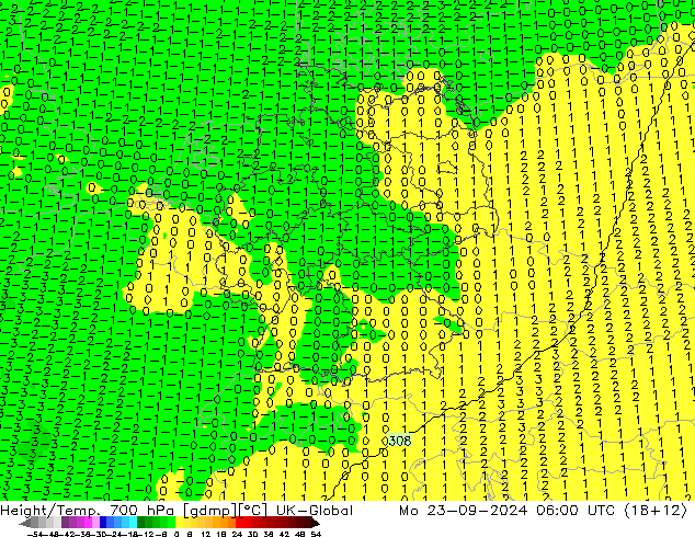 Geop./Temp. 700 hPa UK-Global lun 23.09.2024 06 UTC