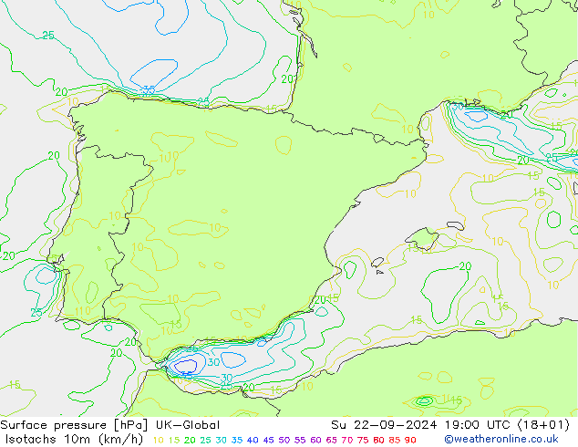 Isotachen (km/h) UK-Global So 22.09.2024 19 UTC