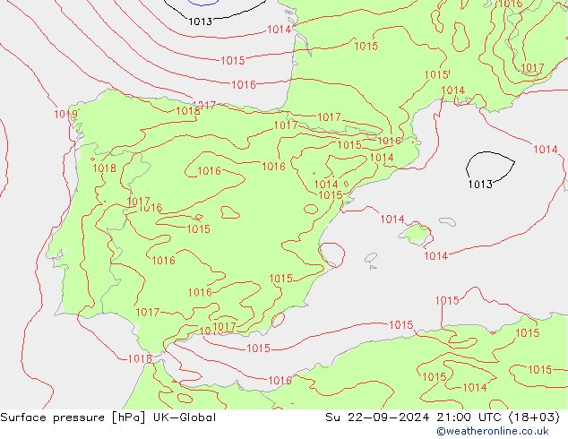 Surface pressure UK-Global Su 22.09.2024 21 UTC