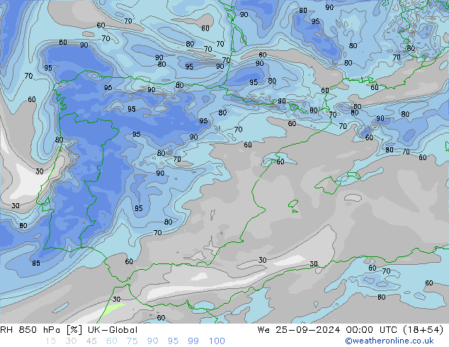 RH 850 hPa UK-Global We 25.09.2024 00 UTC